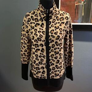 Rachel Zoe animal print black edging zipper front soft sweater cardigan. Medium